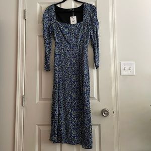NWT BERSHKA Square Neck Floral Midi Dress in Blue